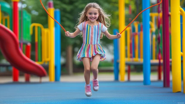A cute girl with a joyful expression and a jump rope, skipping through a park with colorful playground equipment.