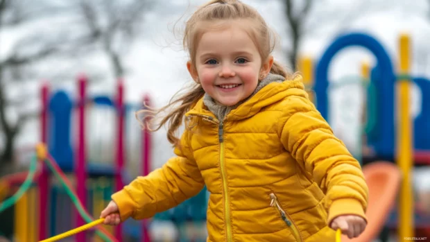 A cute girl with a joyful expression and a jump rope, skipping through a park with colorful playground equipment.