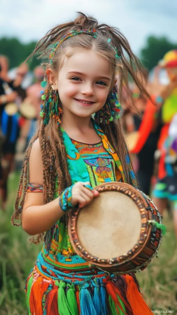 A cute girl with a joyful expression and a tambourine, dancing to the rhythm of music at a summer festival.