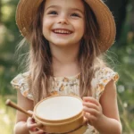 A cute girl with a joyful expression and a tambourine, dancing to the rhythm of music at a summer festival.