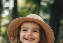 A cute girl with a joyful expression and a tambourine, dancing to the rhythm of music at a summer festival.