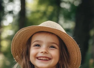 A cute girl with a joyful expression and a tambourine, dancing to the rhythm of music at a summer festival.