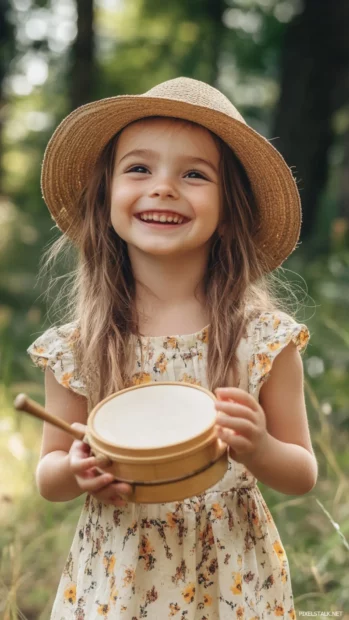 A cute girl with a joyful expression and a tambourine, dancing to the rhythm of music at a summer festival.