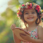 A cute girl with a joyful expression and a tambourine, dancing to the rhythm of music with a carefree spirit.