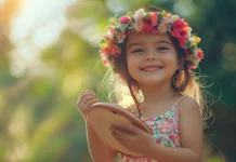 A cute girl with a joyful expression and a tambourine, dancing to the rhythm of music with a carefree spirit.