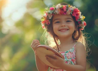 A cute girl with a joyful expression and a tambourine, dancing to the rhythm of music with a carefree spirit.