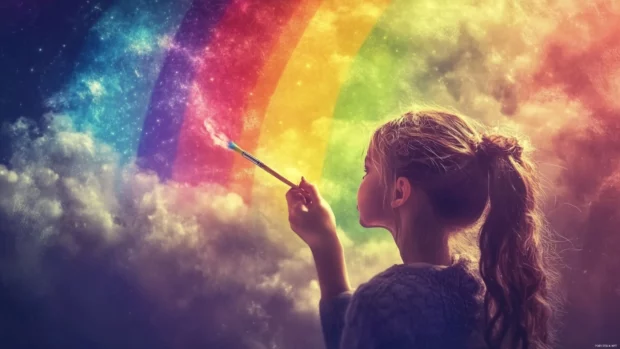 A cute girl with a magical paintbrush, painting a vibrant rainbow across a cloudy sky, anime inspired style.