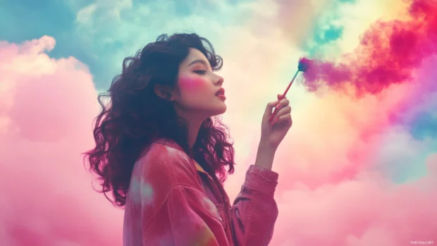 A cute girl with a magical paintbrush, painting a vibrant rainbow across a cloudy sky, anime inspired style.