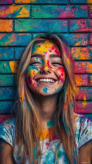 A cute girl with a mischievous grin and a paint splattered face, creating a colorful mural on a brick wall.