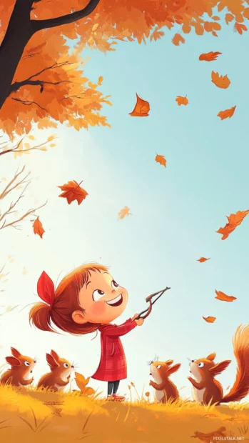 A cute girl with a mischievous grin and a slingshot, aiming at a group of mischievous squirrels, cartoon style.
