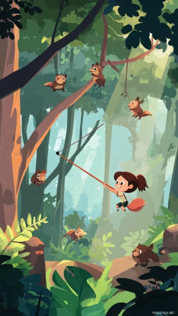A cute girl with a mischievous grin and a slingshot, aiming at a group of mischievous squirrels, cartoon style.