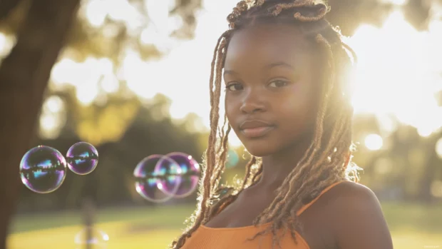 A cute girl with a playful expression and a bubble wand, blowing bubbles in a park with sunlight reflecting off the iridescent spheres.