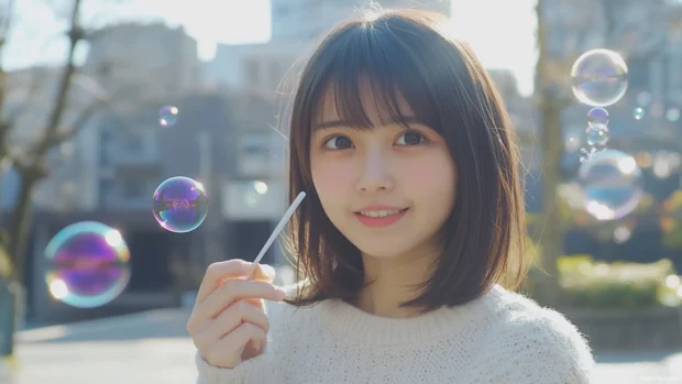 A cute girl with a playful expression and a bubble wand, blowing bubbles in a park with sunlight reflecting off the iridescent spheres.