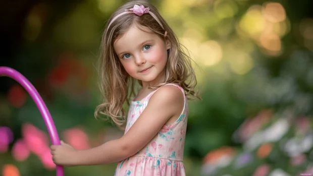 A cute girl with a playful expression and a hula hoop, twirling it around her waist with grace and agility.
