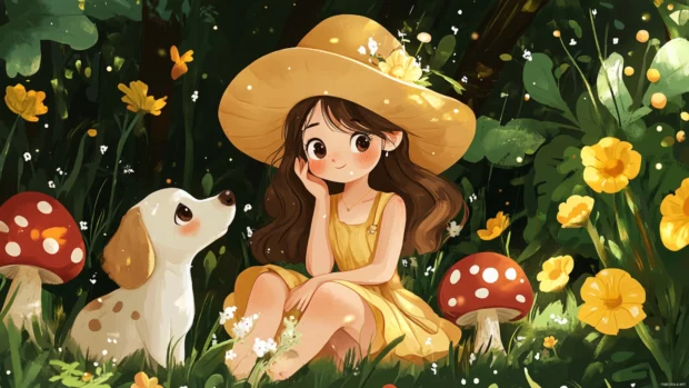 A cute girl with a playful puppy, exploring a whimsical forest filled with talking animals and giant mushrooms, cartoon style.