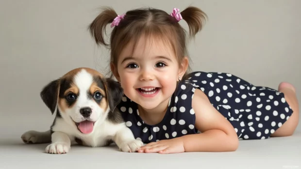 A cute girl with a playful smile and pigtails, wearing a polka dot dress and playing with a puppy.