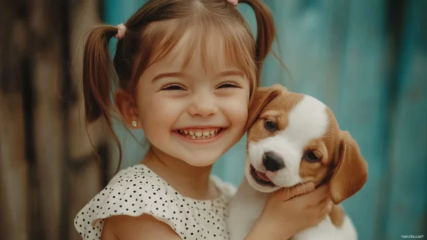 A cute girl with a playful smile and pigtails, wearing a polka dot dress and playing with a puppy.