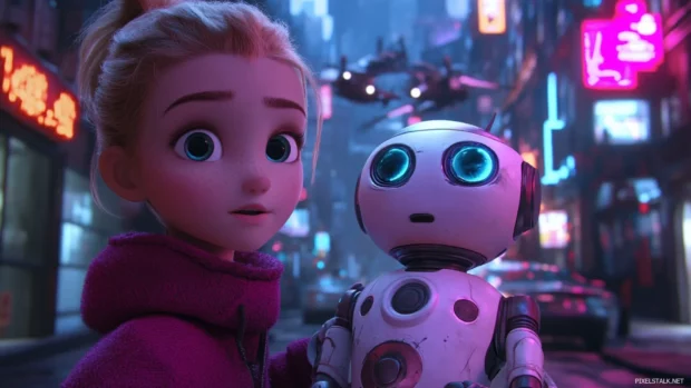 A cute girl with a robot companion, exploring a futuristic city with flying cars and neon lights, sci fi animation style.