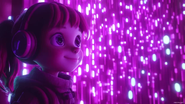 A cute girl with a robot companion, exploring a futuristic city with flying cars and neon lights, sci fi animation style.