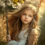 A cute girl with a shy expression and long, flowing hair, sitting on a swing under a cherry blossom tree.