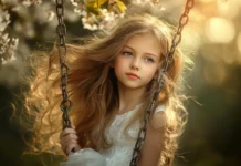 A cute girl with a shy expression and long, flowing hair, sitting on a swing under a cherry blossom tree.