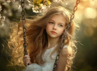 A cute girl with a shy expression and long, flowing hair, sitting on a swing under a cherry blossom tree.