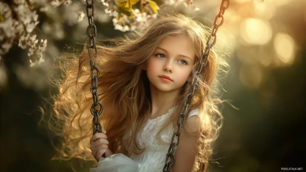 A cute girl with a shy expression and long, flowing hair, sitting on a swing under a cherry blossom tree.