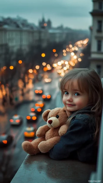 A cute girl with a shy smile and a teddy bear, sitting on a windowsill overlooking a rainy city street.