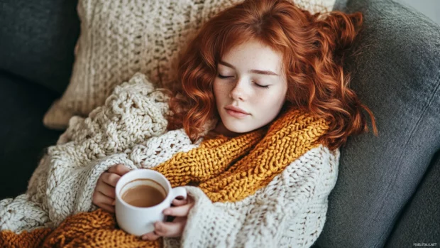 A cute girl with a sleepy expression and a blanket, snuggling up on a couch with a warm cup of cocoa.