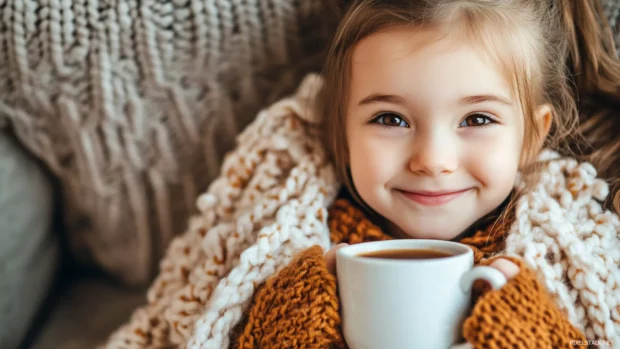 A cute girl with a sleepy expression and a blanket, snuggling up on a couch with a warm cup of cocoa.