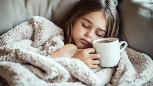 A cute girl with a sleepy expression and a blanket, snuggling up on a couch with a warm cup of cocoa.