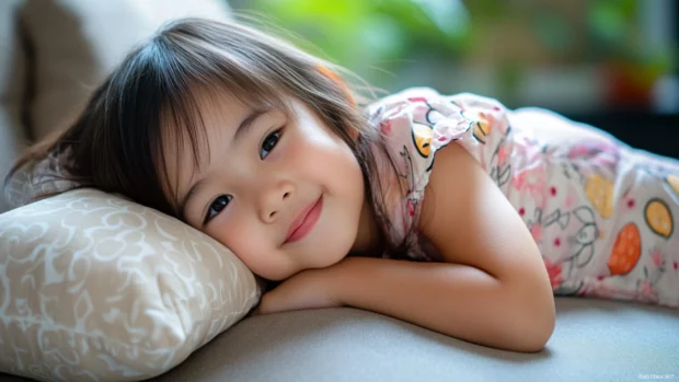 A cute girl with a sleepy expression and a pillow, resting her head on a soft cushion with a peaceful smile.