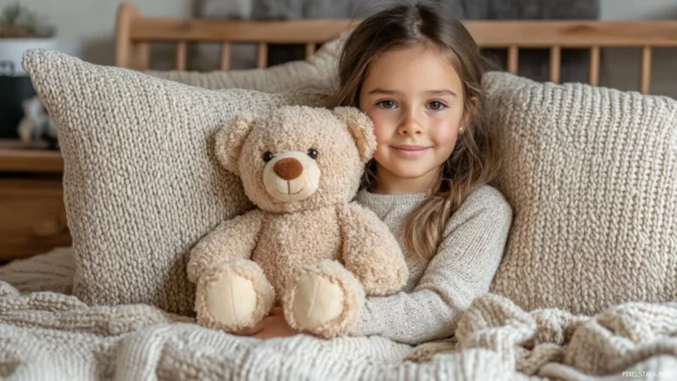 A cute girl with a sleepy expression and a teddy bear, cuddling in a cozy bed with soft blankets and pillows.