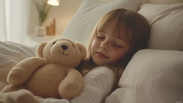 A cute girl with a sleepy expression and a teddy bear, cuddling in a cozy bed with soft blankets and pillows.