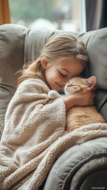 A cute girl with a sleepy expression and a warm blanket, cuddling with a kitten on a cozy armchair.