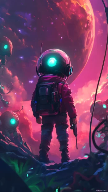 A cute girl with a space helmet and a ray gun, exploring a colorful alien planet with friendly robots, sci fi animation style.