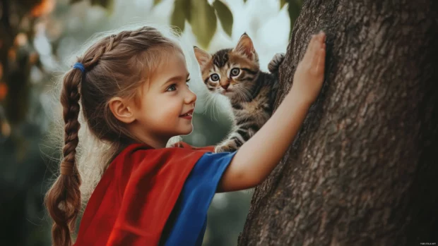 A cute girl with a superhero cape and a determined expression, rescuing a kitten from a tall tree, comic book style.