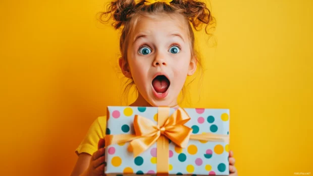 A cute girl with a surprised expression and a gift box, opening a present with colorful wrapping paper and a big bow.