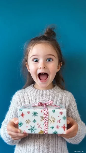 A cute girl with a surprised expression and a gift box, opening a present with colorful wrapping paper and a big smile.