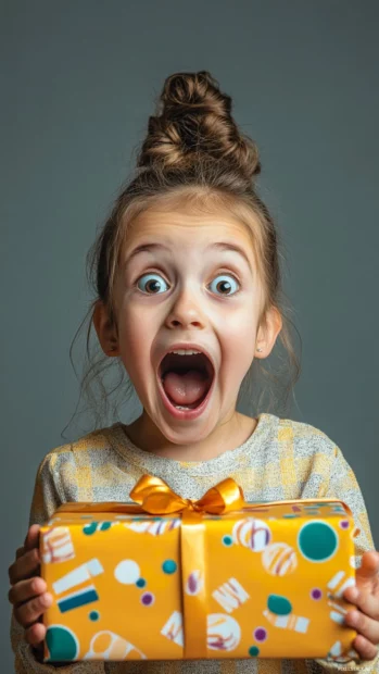 A cute girl with a surprised expression and a gift box, opening a present with colorful wrapping paper and a big smile.