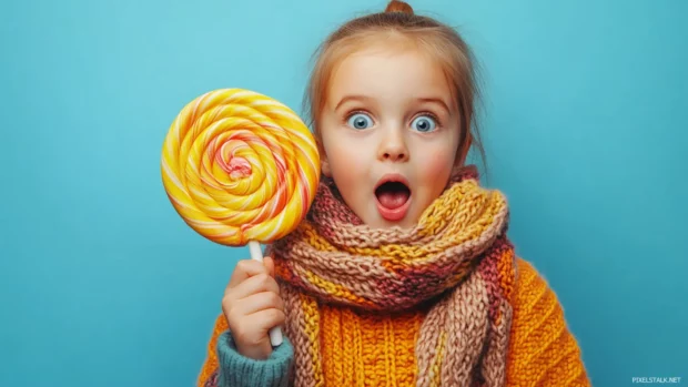 A cute girl with a surprised expression and wide eyes, holding a giant lollipop and wearing a colorful scarf.