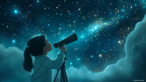 A cute girl with a telescope, discovering a hidden constellation of sparkling stars in the night sky, storybook illustration style.