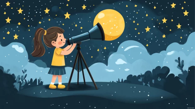 A cute girl with a telescope, discovering a hidden constellation of sparkling stars in the night sky, storybook illustration style.