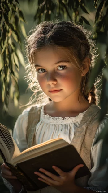 A cute girl with a thoughtful expression and a book, reading under a willow tree with sunlight filtering through the leaves.