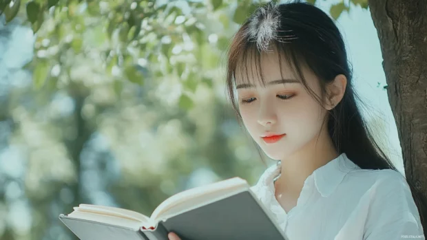 A cute girl with a thoughtful expression and a book, sitting under a tree with a gentle breeze rustling the pages.