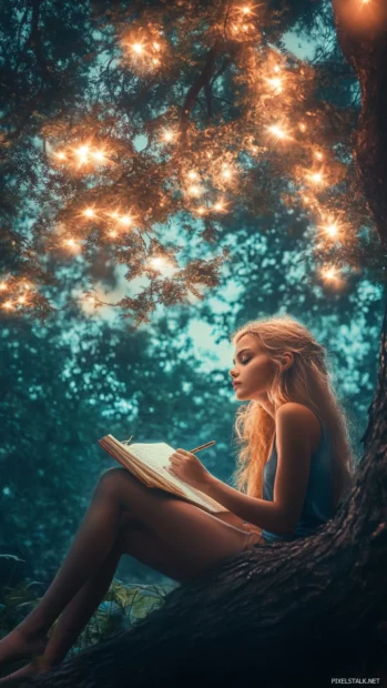 A cute girl with a thoughtful expression and a journal, writing down her dreams and aspirations under a canopy of stars.