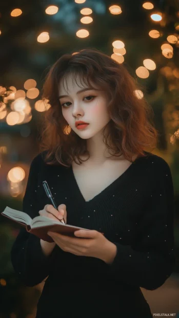 A cute girl with a thoughtful expression and a journal, writing down her dreams and aspirations under a canopy of stars.