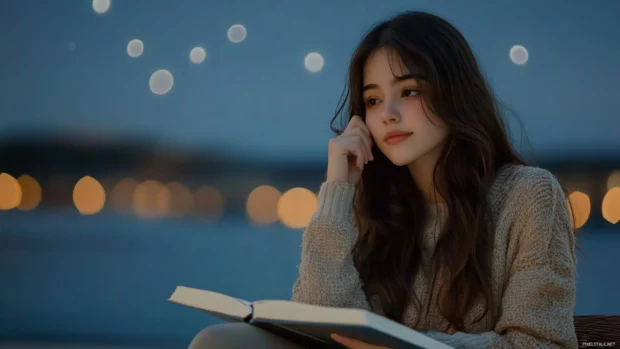 A cute girl with a thoughtful expression and a journal, writing down her thoughts and dreams under a starry sky.