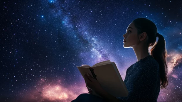 A cute girl with a thoughtful expression and a journal, writing down her thoughts and dreams under a starry sky.