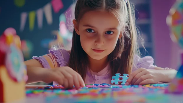 A cute girl with a thoughtful expression and a puzzle, piecing together colorful shapes and patterns with concentration.